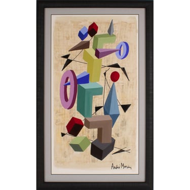 Colorful Geometric Cubist Gouache and Watercolor Painting by André Morin