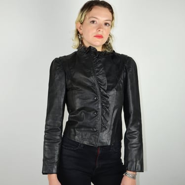 Vintage 80s Leather Ruffle Jacket / Ruffle Collar Pleats / Black Motorcycle Jacket / 1980s Vintage Leather Blazer / Vintage Small Medium 