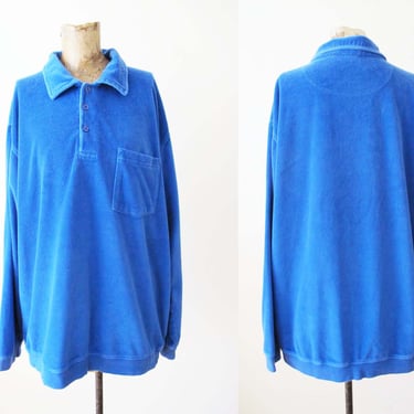 Vintage 90s Oversized Blue Velour Long Sleeve Shirt Large - 1990s Baggy Collared Unisex Top 