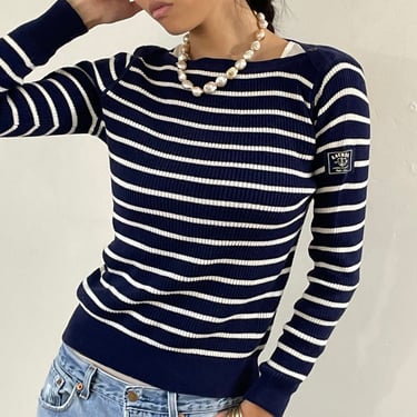 90s Ralph Lauren cotton sweater / vintage blue white nautical St James boat boatneck ribbed knit cotton sweater | Medium 