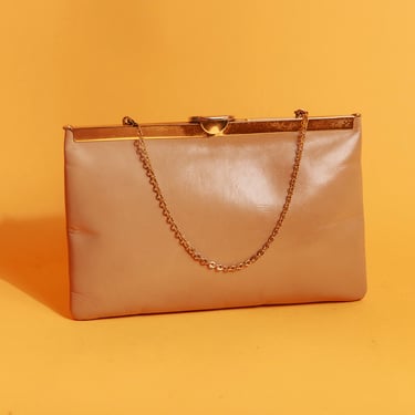 80s Tan Khaki Leather Chain Purse Vintage Gold Hardware Closure Clutch Bag 