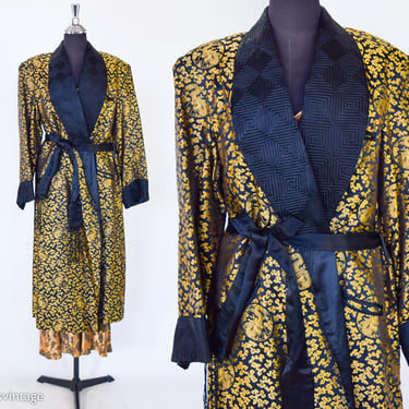 1980s Metallic Gold & Black Silk Robe | 80s Black Silk Brocade Dressing Gown  | Vintage Robe | Ying Tai Co | Large 