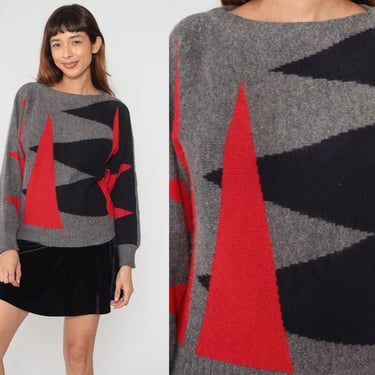 Grey Geometric Sweater 80s Wool Knit Dolman Sleeve Pullover Sweater Red Black Triangle Print Boatneck Fall Retro Vintage 1980s Medium M 