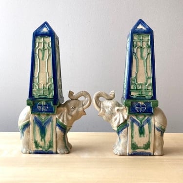 pair ceramic figures elephant and obelisk crackle glaze as found 