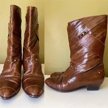 80s sz 9.5 brown leather studded boots  / vintage 1980s Beltrami mid calf punk pirate ankle boots 39.5 