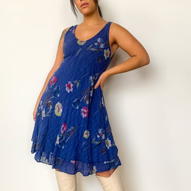 90s Textured Blue Floral Dress, sz. L