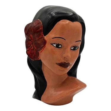 Vintage Marwal Hawaiian Girl Chalkware Bust Hibiscus Flower