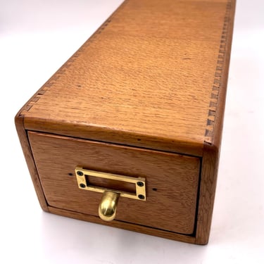 Solid Tiger Oak Card Catalog Box with Brass Handle Dovetail Art Deco