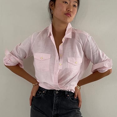 90s linen blouse / vintage blush pink woven linen cotton lightweight pocket shirt over shirt blouse | Large 