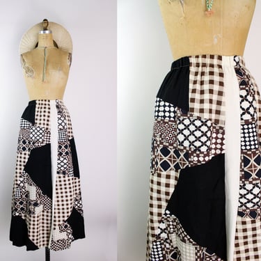 70s Patchwork Maxi Skirt / Fall Skirt / Bohemian Skirt / Full skirt / Gingham Prairie Maxi Skirt / Size M/L 