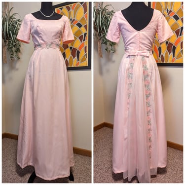 Vintage 1960s Pastel Pink Rose Embroidered Formal Gown Prom Dress with Low Back and Bow by Date-Maker Formals 