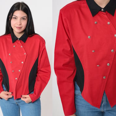 Y2K Wrangler Shirt Color Block Silver Lake Button-Up Shirt Red Black Western Blouse Vintage Double-Breasted Long Sleeve Large 