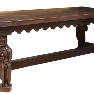 Antique Table, Gothic Revival, Walnut, Knight, Signed, 79&quot;L, Trefoil Apron 1800s
