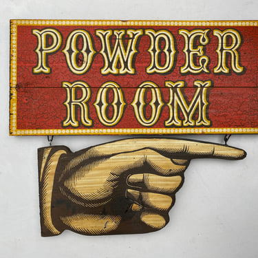 60's Vintage Powder Room Sign With Directional Pointing Hand, George Nathan Associates, Bathroom Signage, Providence R.I., MCM Wooden Sign 