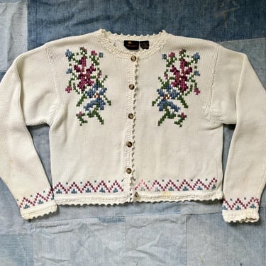 Vintage 90s Liz Claiborne White Cropped Knitted Cardigan Sweater Cotton Medium Large by TimeBa