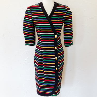 80s Navy Primary Colors Striped Cotton Dress with Gold Buttons | Small/Medium 