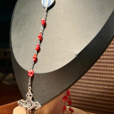 Vintage Catholic Holy Venetian Red Heart Art Glass Bead Prayer Rosary Necklace 