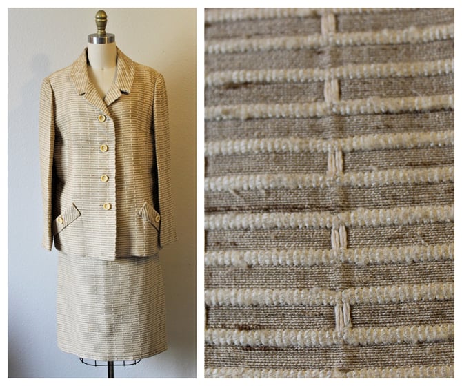 Vintage 1960s Bullocks Wilshire Taupe Tan Raw Silk Woven Jacket Matching Skirt dress set // Waist 34 inches // US 14 