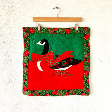 Vintage 80s Quilted Holiday Christmas Goose Bird Pillow Cover Pillowcase // Red Green Decor 