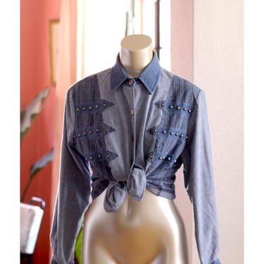 Vintage Western Shirt - 1990s -  1849 Authentic Ranchwear - Chambray, Studded Arrow Cowgirl Blouse 