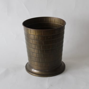 Warm Brass Wastebasket Brick Wall Pattern detail Patina Vintage Mid Century Hollywood Regency 