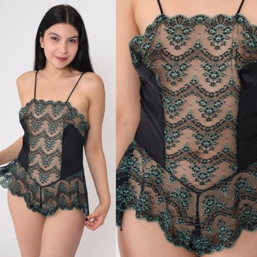 Lace Teddy 80s Lingerie Romper Black Green Floral Embroidered Sheer Teddie Ruffled Bodysuit One Piece Boudoir Vintage 1980s Val Mode Small S 