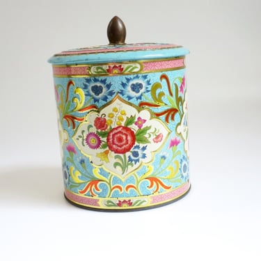 Mid Century Daher Tin, Vintage Lithograph Turquoise Storage Canister 