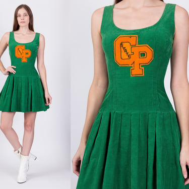 Vintage 1960s Cheerleader Dress - Extra Small | 60s Green Corduroy Varsity Majorette Uniform Mini Dress 