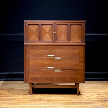 Mid Century Modern American of Martinsville Five Drawer Walnut Highboy Dresser Chest of Drawers by Merton Gershun 