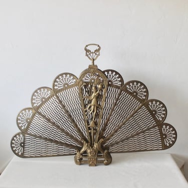 Large French Style Brass Figural Pierced & Chased Folding Fan Fireplace Screen Mid Century Hollywood Regency Peacock 