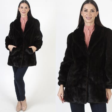 Espresso Mink Mid Length Coat, Soft Genuine Mahogany Jacket, Large Shawl Roll Fur Back Collar 