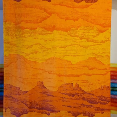 Vintage 70s desert scene flat sheet size twin made by Burlington Marlborough, orange yellow sunrise with canyons, fabric for apparel sewing 