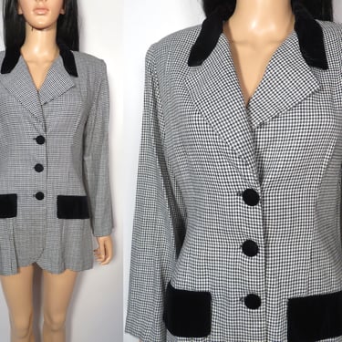 Vintage 90s Houndstooth 3 Button Blazer With Velvet Accents Made In USA Size M 