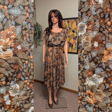 Vintage 1970s Brown Floral Lace Disco Midi Dress with Full Skirt and Ruffle Neckline / 70s Tiered Blouson Flutter Sleeve Party Dress 