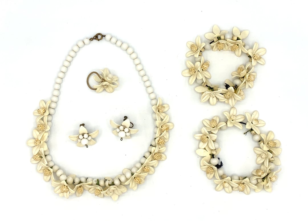 Unique White Floral Celluloid Coil deals Bracelet and Earrings