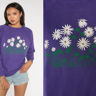 Purple Floral Sweatshirt Y2K Daisy Flower Print Graphic Crewneck Raglan Sleeve Vintage 00s Medium M 