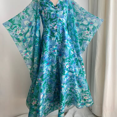 1960's-70's Angel Wing Dress - Floral Chiffon - Aqua with Green & Hot Pink Accents - Palm Royale Style - Medium - 28 inch Waist 