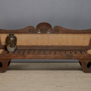 Dutch Colonial Regency Style Teak & Rattan Sofa with Scrolled Arms & Shell Carved Back