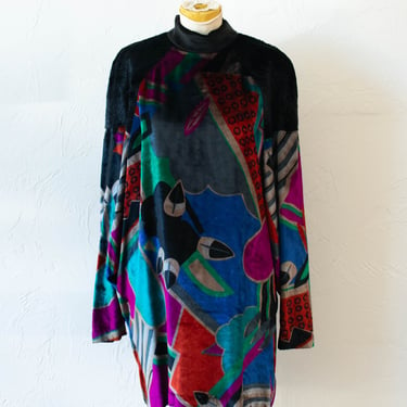 Vintage 1980s Chacok Velvet Printed Long Sleeve Mockneck Tunic Dress XS/S/M