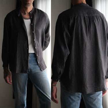Vintage 80s Giorgio Armani Le Collezioni Charcoal Linen Collarless Shirt | Made in Italy | 100% Linen | 1980s Armani Designer Mens Shirt 