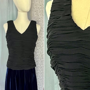Ruched All Over Silk Top, Black, Tapered Fit, Cocktail, Chetta B Evening, Vintage 90s 00s 