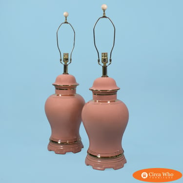 Pair of Large Pink and Gold Ginger Jar Table Lamps