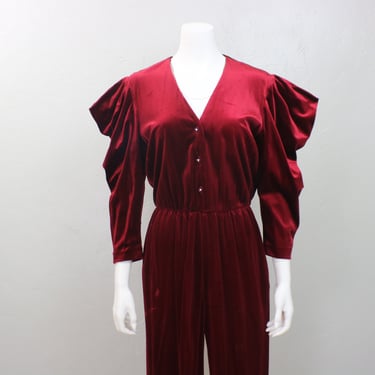 Velvet Jumpsuit / Extreme Shoulder Vintage Holiday Red Pants Romper / Women's Medium 
