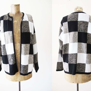 90s Checkerboard Zip Up Cardigan Sweater S M - Vintage 1990s Neutral Black Beige Checkered Knit Jacket 