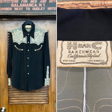 Vintage 1940’s Two-Tone “H Bar C” Label Western Cowboy Jet Black Rayon Gabardine Rockabilly Shirt, 40’s Vintage Clothing 