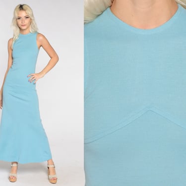 Long Blue Dress 1970s Maxi Pastel Baby Blue 70s Boho Party Dress Mod Wool Blend Long Vintage Sleeveless Fitted Bohemian Extra Small xs 