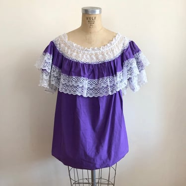 Purple and White Lace Off-Shoulder Blouse/Tunic - 1980s 