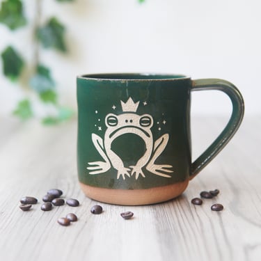 Frog Prince Mug - green handmade rustic pottery, dishwasher safe 