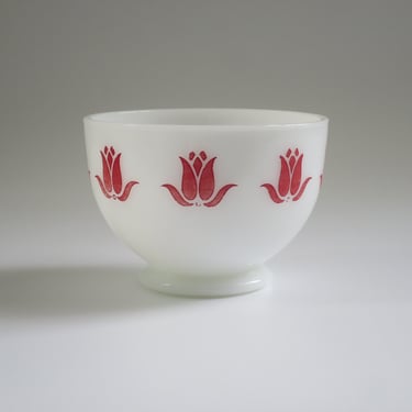 60s Fire King Cottage Cheese Bowl with Red Tulips, Vintage Kitchen Milk Glass 