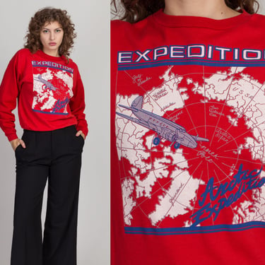 80s Arctic Expedition Red Cropped Sweatshirt - Small | Vintage Soft Slouchy USAF Fighter Jet Graphic Pullover 